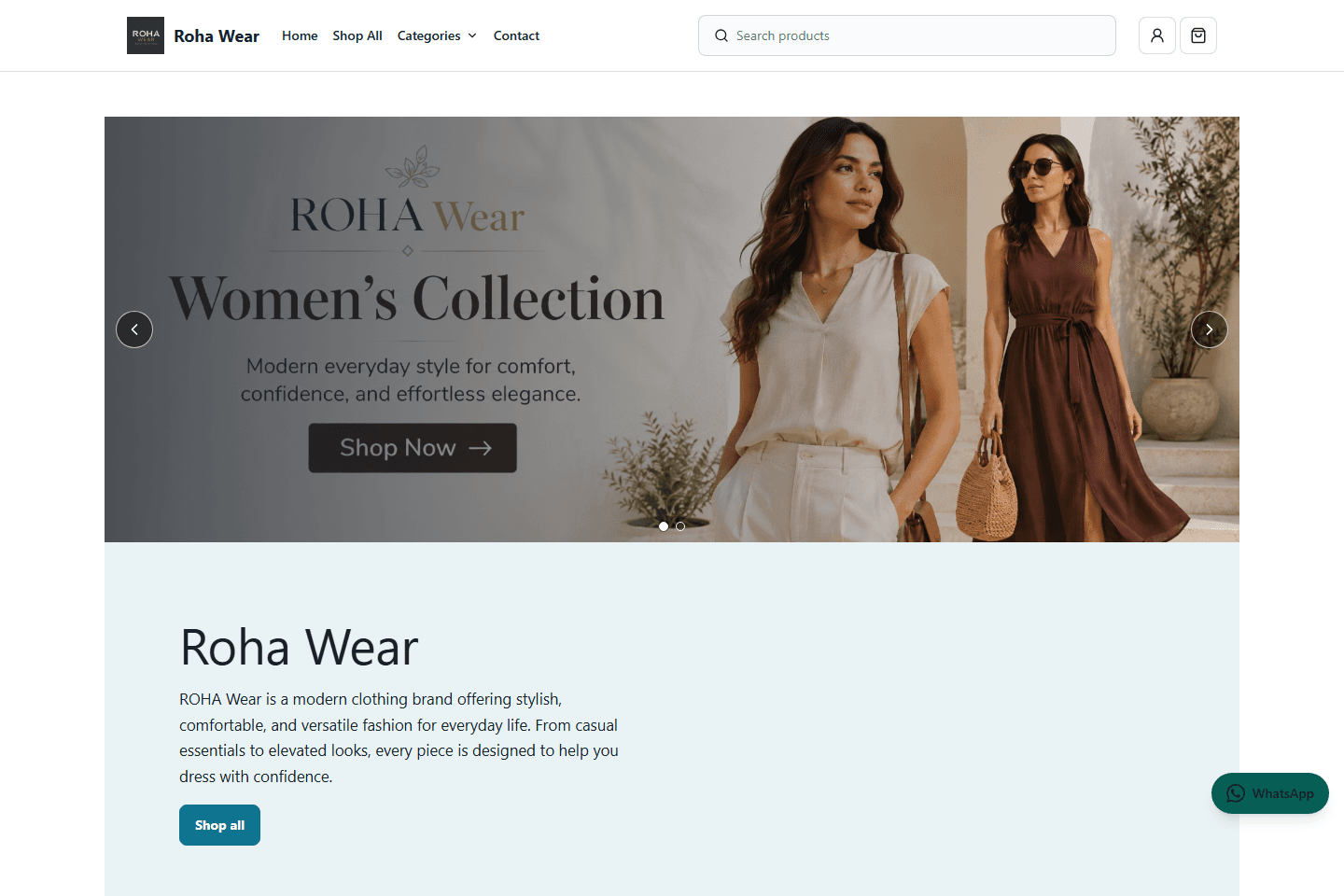 Roha Wear storefront demonstration displaying the merchant's public brand and customer shopping experience.